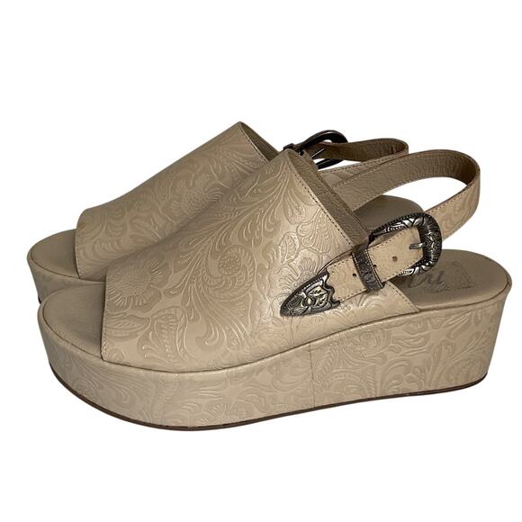 Matisse Embossed Wedge Western Sandals Leather Beige Platform Made in Brazil Sz9 - Picture 1 of 14